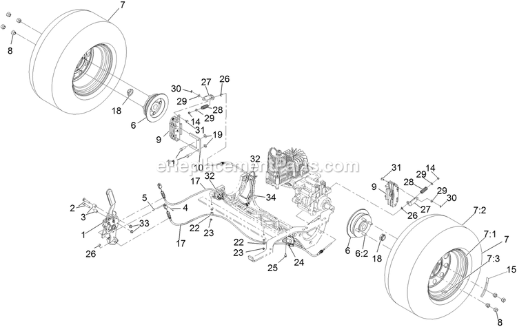 Rear Wheel And Park Brake Assembly Diagram and Parts List for LZE600KA484 (314000000-314999999)(2014) Exmark Lawn Mower