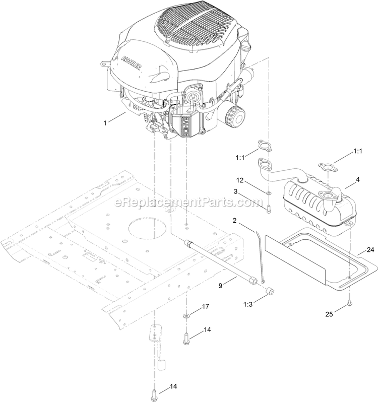 Engine And Muffler Assembly Diagram and Parts List for QTE735KC501 (314000000-314999999)(2014) Exmark Lawn Mower