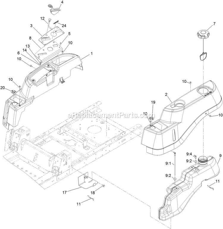 Controls And Fuel Tank Assembly Diagram and Parts List for QTE708GEM42100 (315000000-315999999)(2015) Exmark Lawn Mower