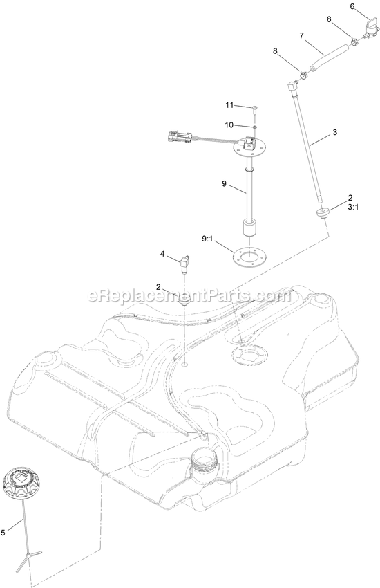 Fuel Tank Assembly (1) Diagram and Parts List for LZE740EKC60400 (406294345-408644345)(2020) Exmark Lawn Mower