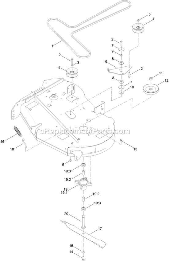 42 Inch Belt, Blade And Spindle Assembly Diagram and Parts List for QTS708GEM42200 (316000000-399999999)(2016) Exmark Lawn Mower