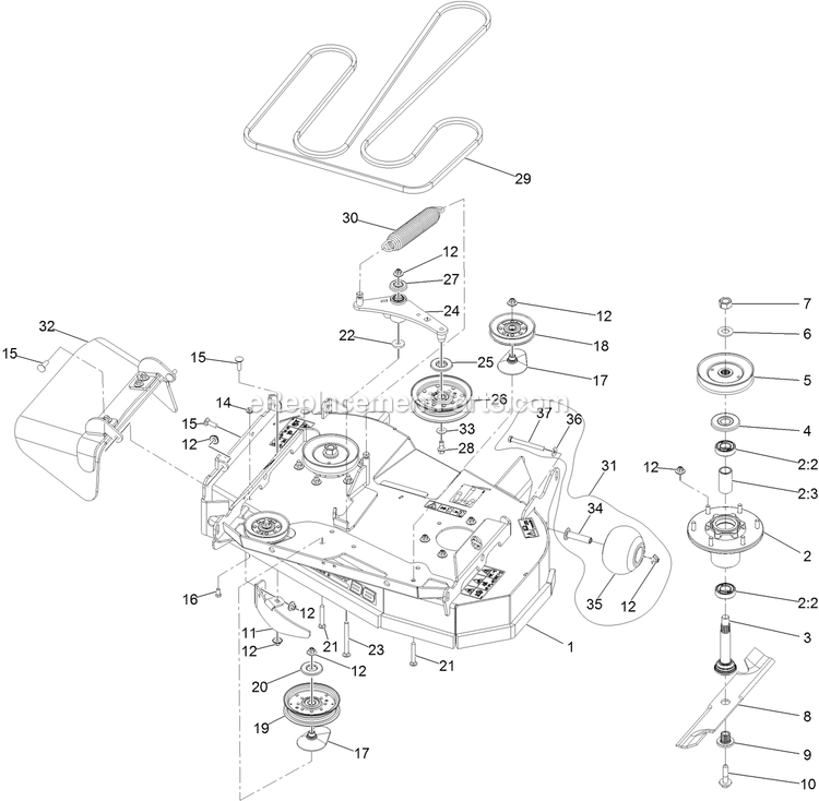 Deck Assembly Diagram and Parts List for STE600CKA363H1 (406294345-408644345)(2020) Exmark Lawn Mower