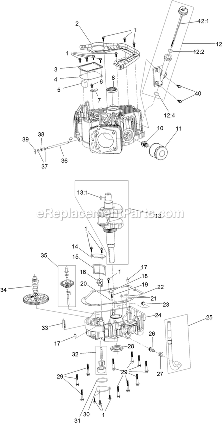 Crankcase And Crankshaft Assembly Diagram and Parts List for RAS708GEM523C3 (402082300-404314158)(2018) Exmark Lawn Mower