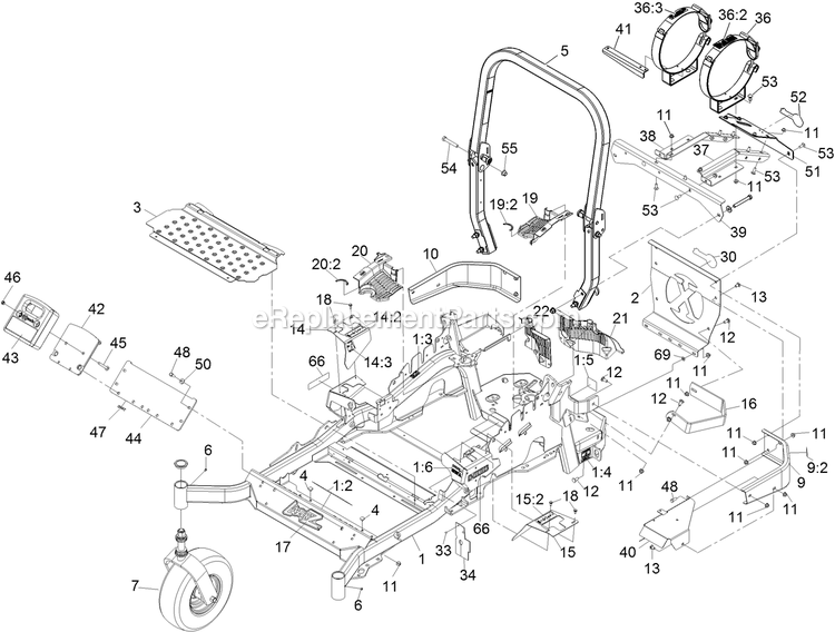 Main Frame Assembly Diagram and Parts List for LZS801PKA724 (312000000-312999999)(2012) Exmark Lawn Mower