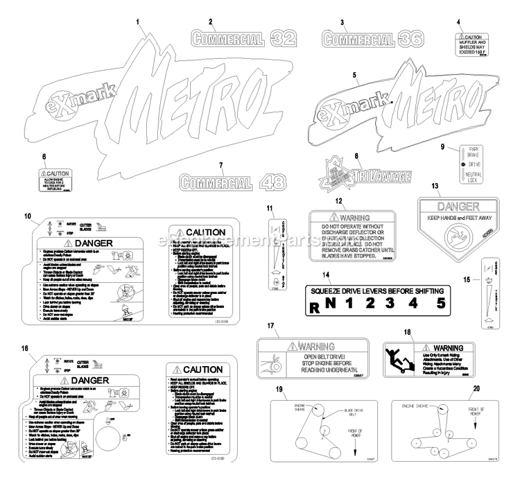 Decals Diagram and Parts List for M4815KA (370000-439999)(2003) Exmark Lawn Mower