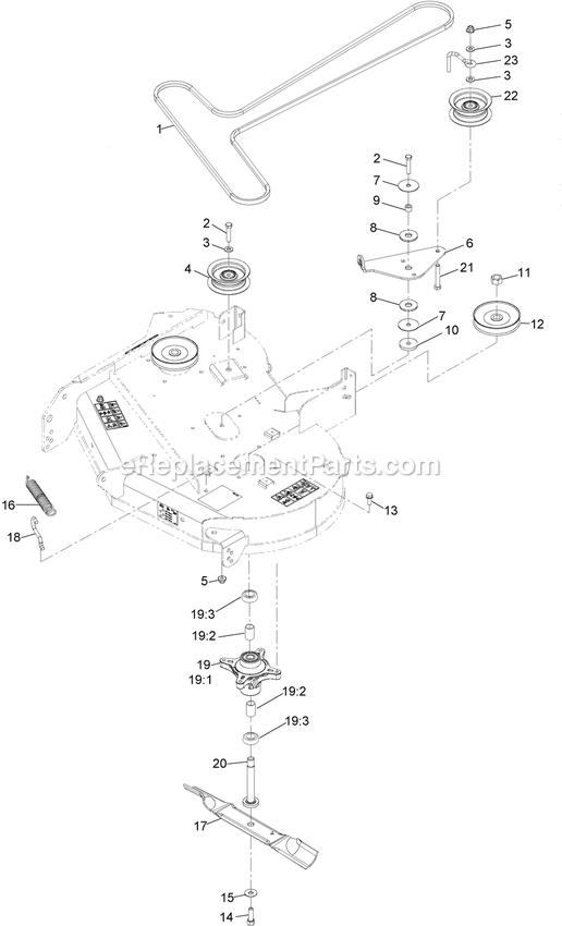 34 Inch Deck, Belt, And Blade Assembly Diagram and Parts List for QTS452CEM34200 (316000000-399999999)(2016) Exmark Lawn Mower