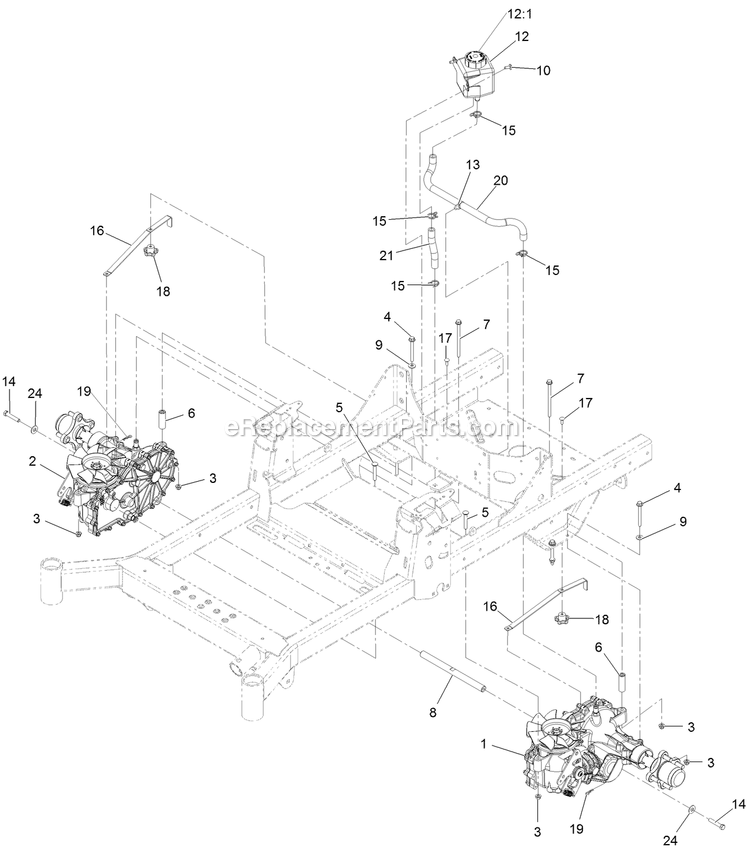 Transaxle Assembly Diagram and Parts List for RAE702GEM44300 (406294345-408644345)(2020) Exmark Lawn Mower