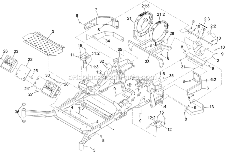 Main Frame Assembly Diagram and Parts List for LZS740PKC72400 (402082300-404314158)(2018) Exmark Lawn Mower