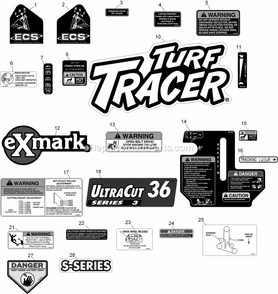 Decals Diagram and Parts List for TTS16KA363 (920000-999999)(2011) Exmark Lawn Mower