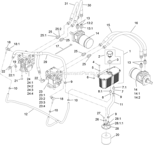Hydraulic Assembly Diagram and Parts List for TTX680PKCE524 (313000000-313999999)(2013) Exmark Lawn Mower