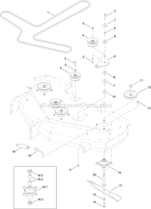 50 Inch Deck Belt, Spindle And Blade Assembly Diagram and Parts List for QSS725GKC50200 (315000000-315999999)(2015) Exmark Lawn Mower