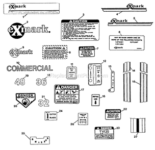Decals Diagram and Parts List for V32-85B-5 (70000-79999)(1992) Exmark Lawn Mower