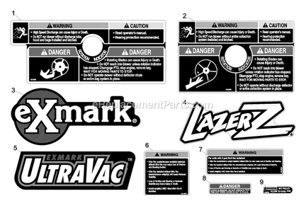 Decals Diagram and Parts List for LZUV52 (790000-849999)(2009) Exmark Lawn Tractor Accessories