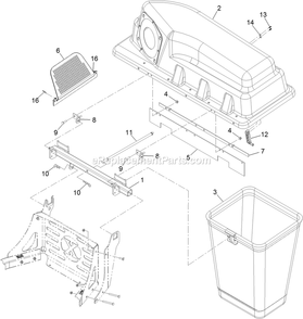 Bagger Top And Mounting Assembly Diagram and Parts List for 116-3001 (314000000-314999999)(2014) Exmark Lawn Tractor Accessories