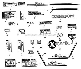Decals Diagram and Parts List for TR-1800  Exmark Lawn Mower