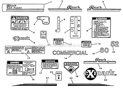 Decals Diagram and Parts List for TT-17K 70000-79999 Exmark Lawn Mower