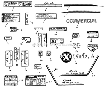 Decals Diagram and Parts List for TR-17K 70000-79999 Exmark Lawn Mower
