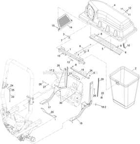 Bagger Top And Mounting Assembly Diagram and Parts List for 135-2604 (408644346-411294211)(2021) Exmark Lawn Tractor Accessories