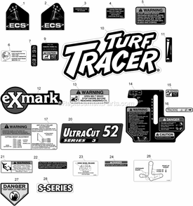 Decals Diagram and Parts List for TTS600KAE523 (312000000-312999999)(2012) Exmark Lawn Mower