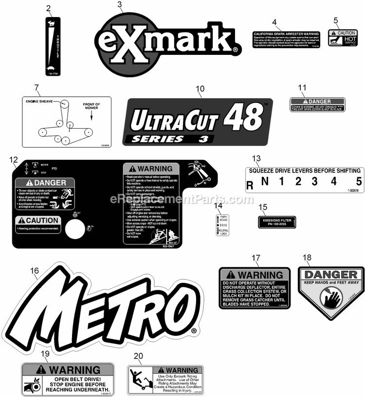 Decals Diagram and Parts List for MG16KA483P (920000-999999)(2011) Exmark Lawn Mower