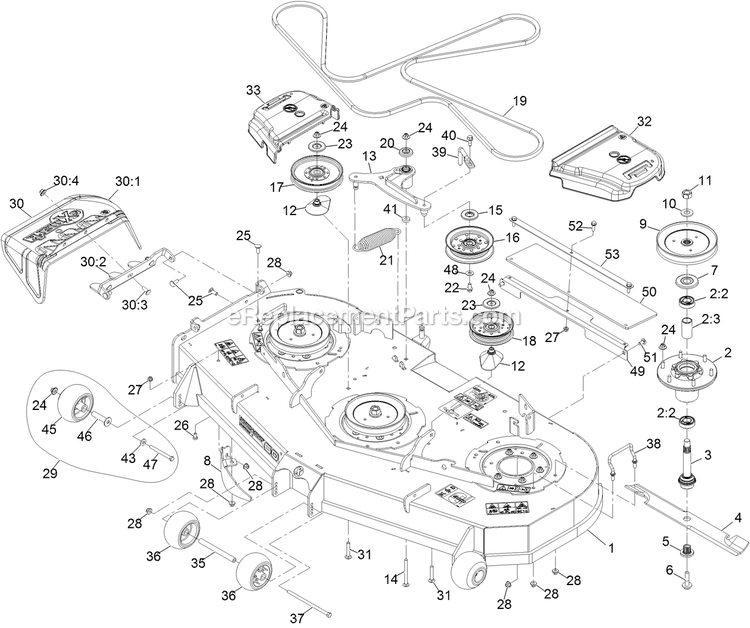 Deck Assembly Diagram and Parts List for STS730GKA60400 (406294345-408644345)(2020) Exmark Lawn Mower