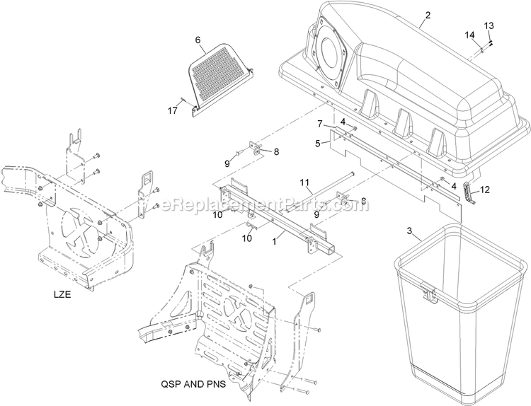 Bagger Top And Mounting Assembly Diagram and Parts List for 116-3000 (314000000-314999999)(2014) Exmark Lawn Tractor Accessories