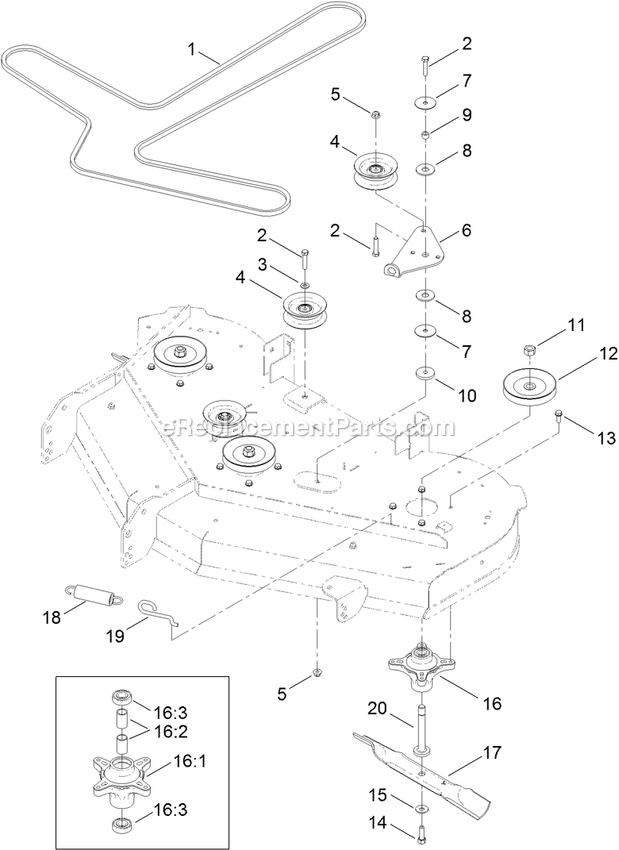 50 Inch Deck Belt, Spindle And Blade Assembly Diagram and Parts List for QTE691KA501 (313000000-313999999)(2013) Exmark Lawn Mower