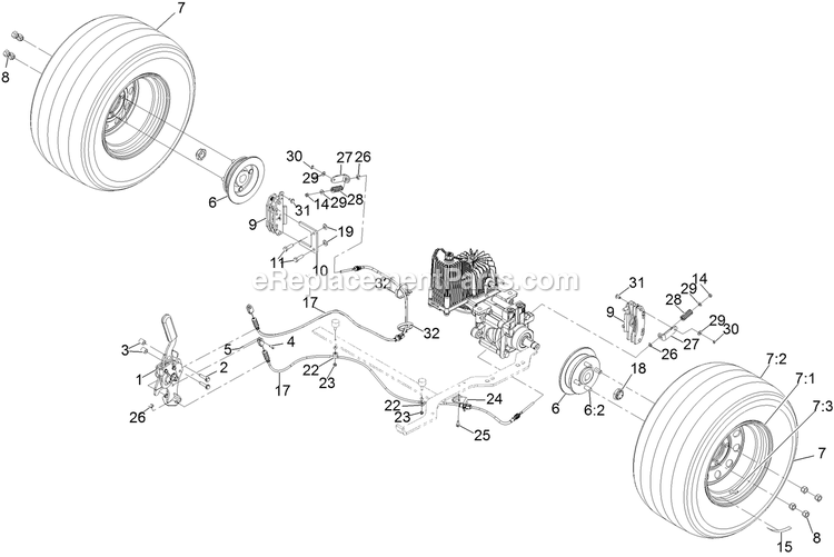 Rear Wheel And Park Brake Assembly Diagram and Parts List for LZE740KC604 (313000000-313999999)(2013) Exmark Lawn Mower