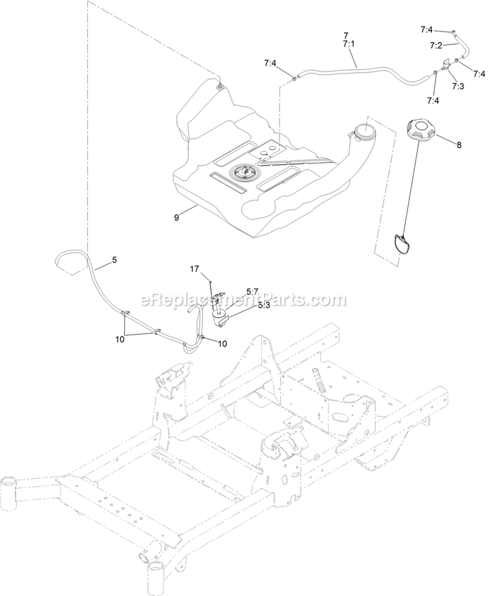 Fuel Tank And Vent Hose System Assembly Diagram and Parts List for RAE708GEM52300 (402082300-404314158)(2018) Exmark Lawn Mower