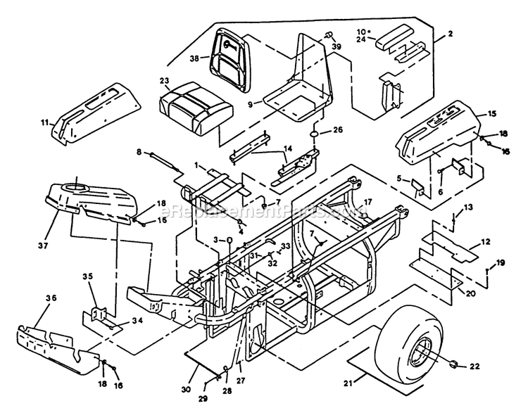 Main Frame Group Diagram and Parts List for EX20KC (130000-149999)(1997) Exmark Lawn Mower