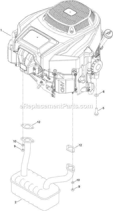 Engine And Muffler Assembly Diagram and Parts List for QZS708GEM54200 (408644346-411294211)(2021) Exmark Lawn Mower