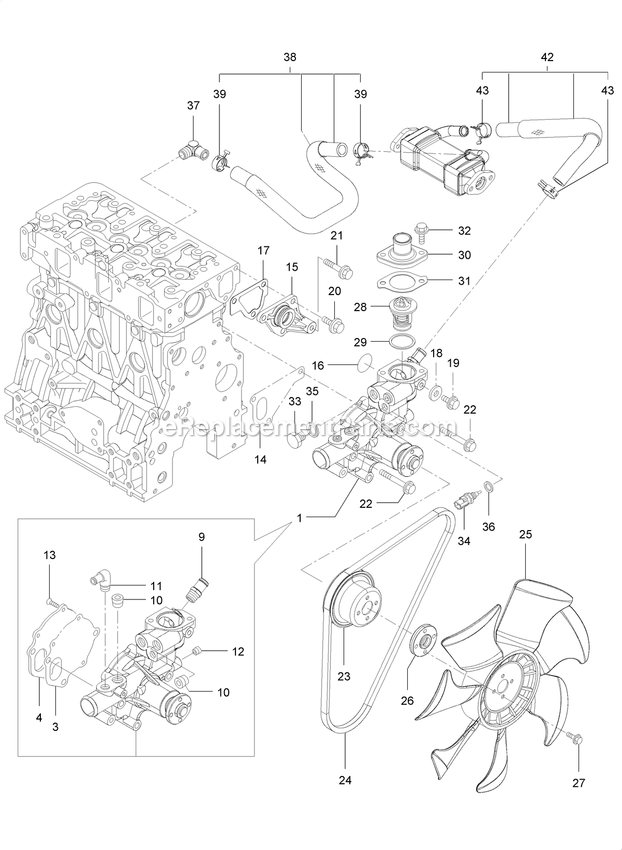 Cooling Water System Assembly Diagram and Parts List for LZS88CDYM96RW0 (402082300-404314158)(2018) Exmark Lawn Mower