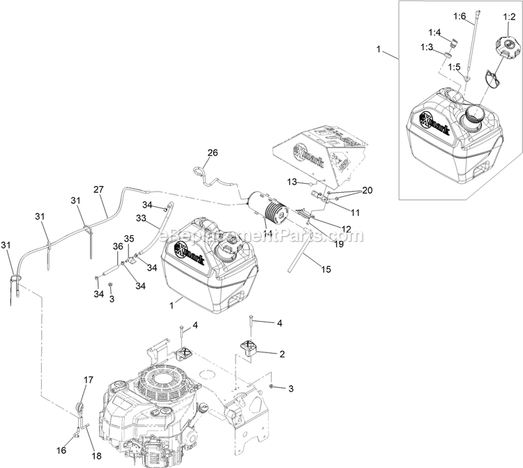 Fuel Tank Assembly Diagram and Parts List for TTS541CKA48300 (408644346-411294211)(2021) Exmark Lawn Mower