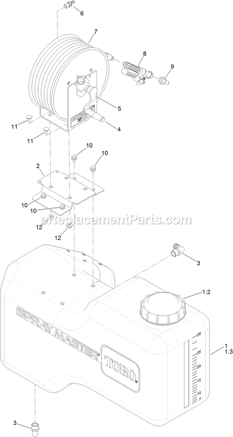 Tank Hose Reel Assembly Diagram and Parts List for 34237 400000000-407088177 Exmark Sprayer