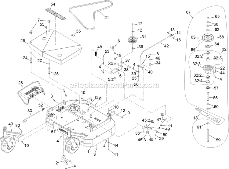 Deck Assembly Diagram and Parts List for MGS481CKA36200 (406294345-408644345)(2020) Exmark Lawn Mower