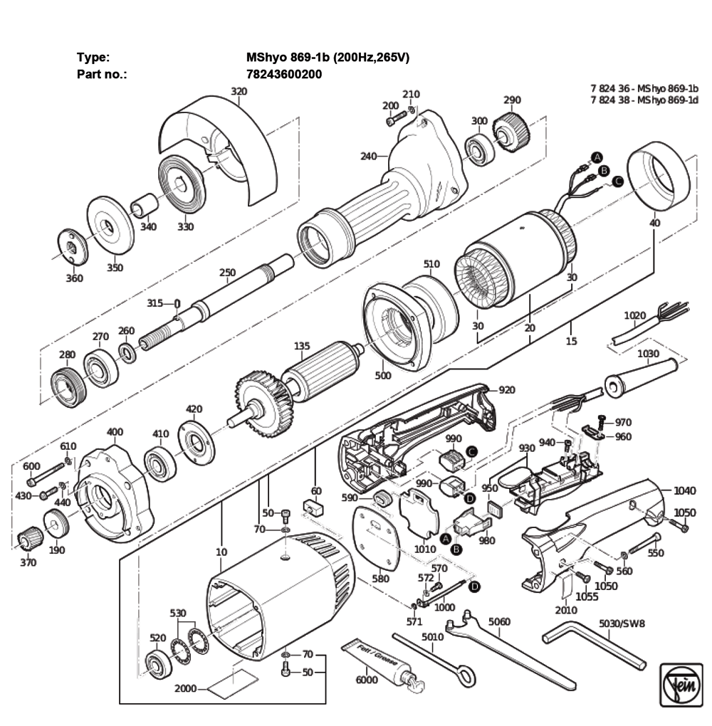 Figure 0 Diagram and Parts List for 78243600200  Fein Grinder