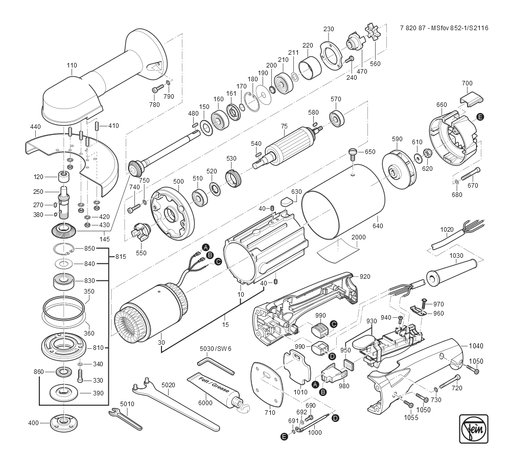  Diagram and Parts List for MSFOV852-1-180 78208700260 Fein Angle Grinder