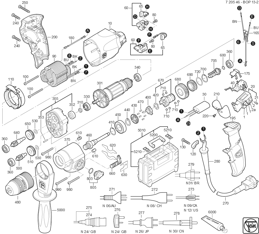  Diagram and Parts List for BOP13-2 72054609360 Fein Electric Drill