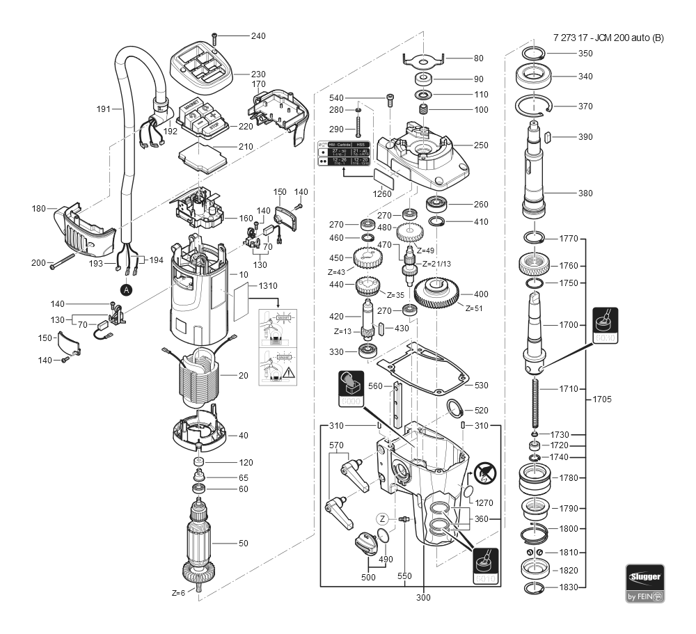  Diagram and Parts List for JCM200AUTO 72731709360 Fein Mortiser
