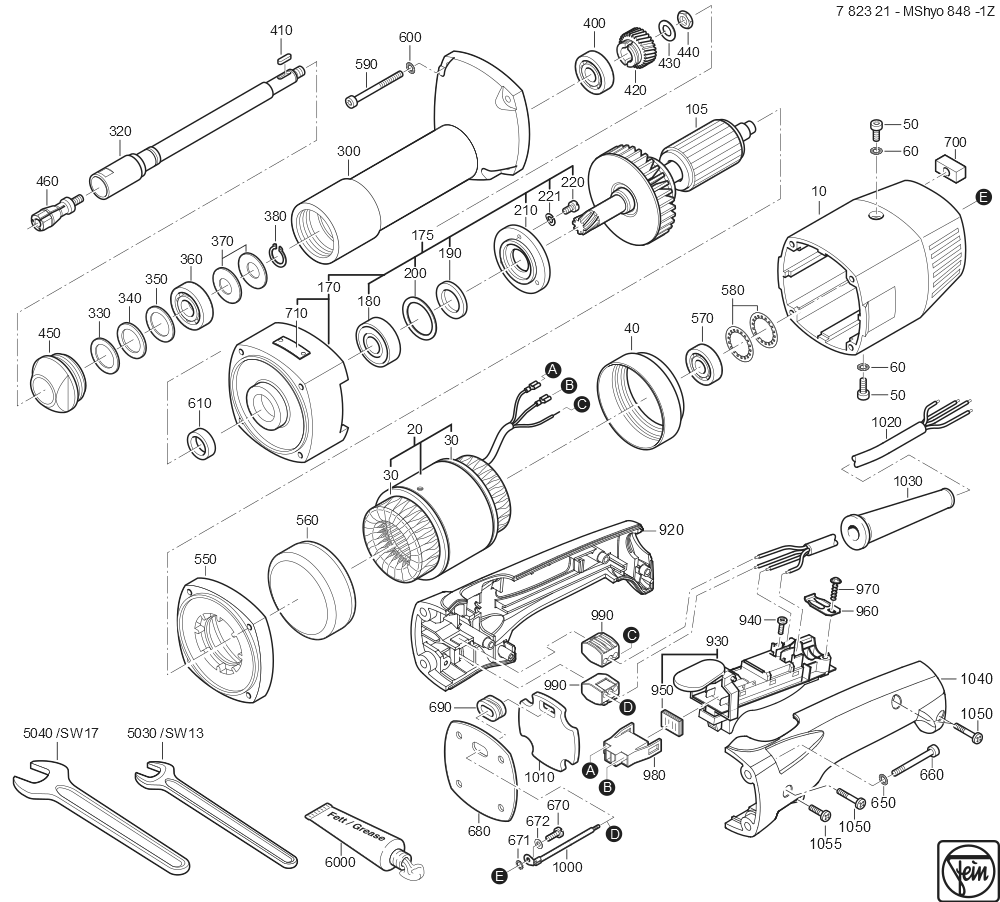  Diagram and Parts List for MSHYO848-1Z 78232100260 Fein Angle Grinder
