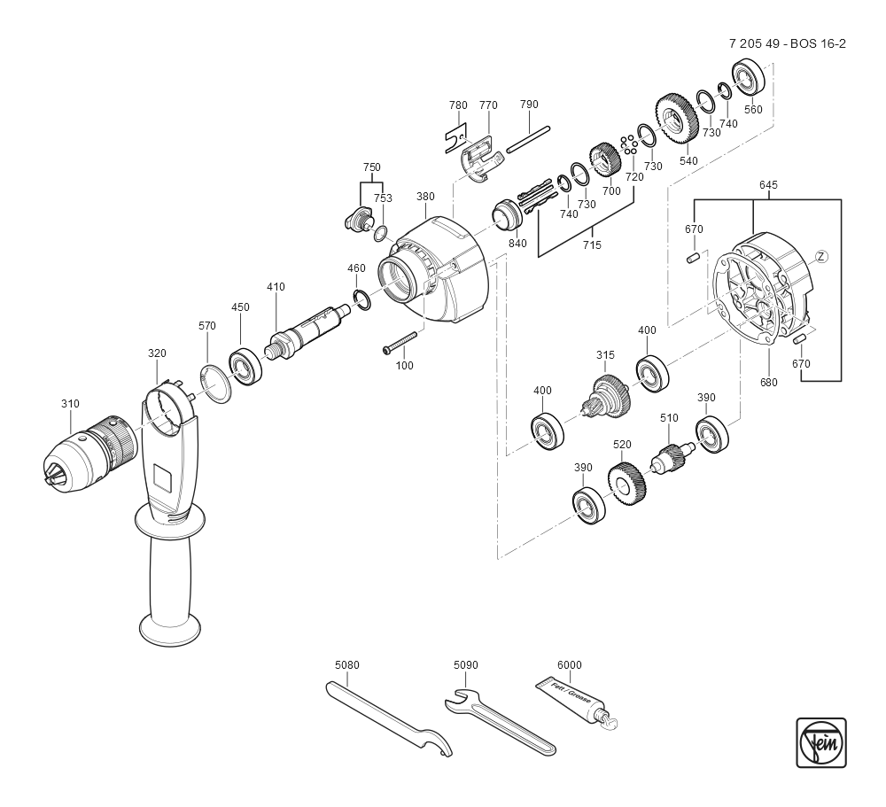  Diagram and Parts List for BOS16-2 72054909360 Fein Electric Drill