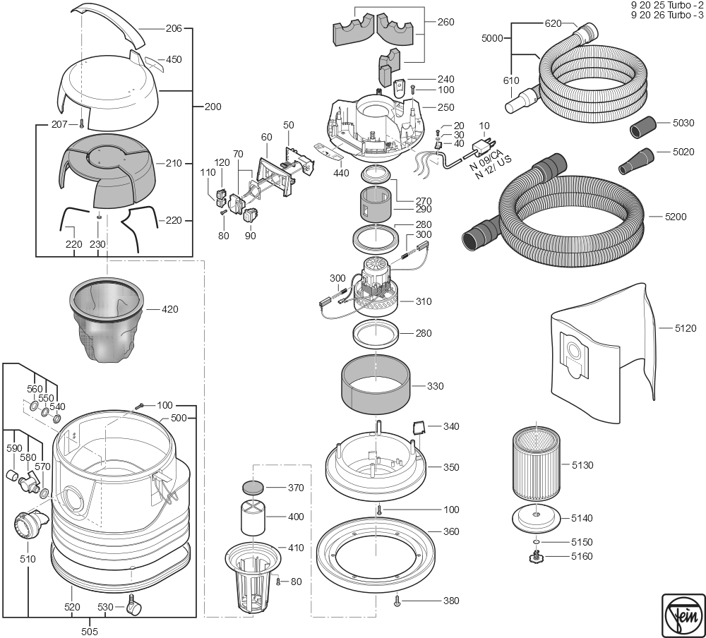  Diagram and Parts List for TURBOII 92025236010 Fein Dust Collector