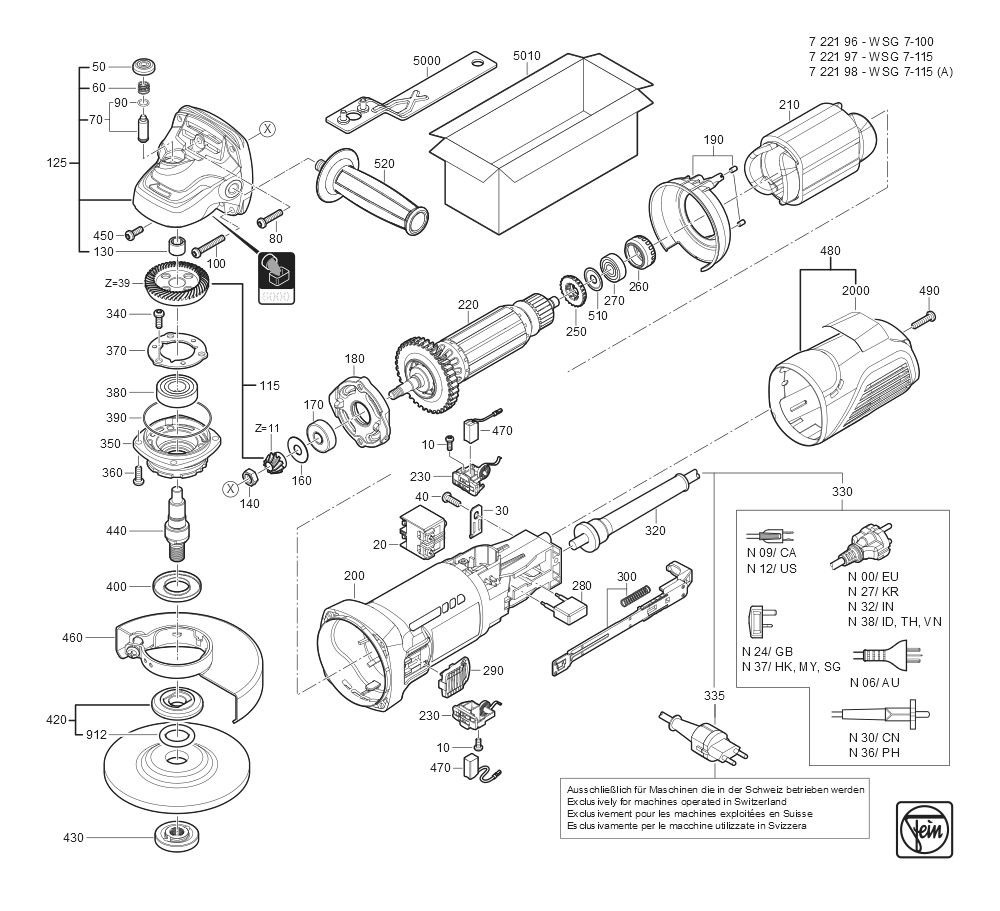  Diagram and Parts List for WSG7-115 72219712360 Fein Angle Grinder
