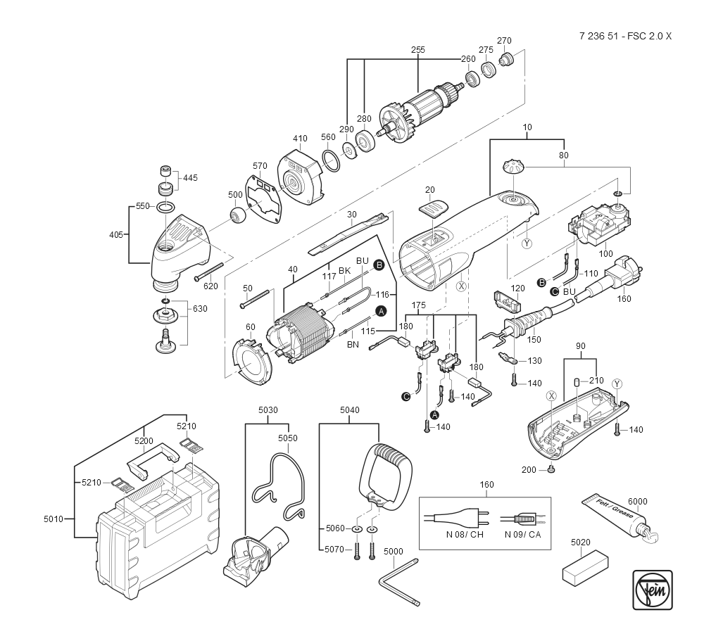  Diagram and Parts List for FSC20X 72365109360 Fein Multi-Tool