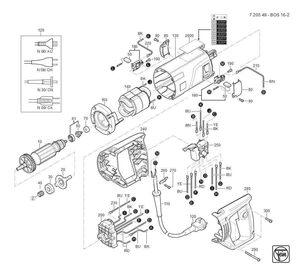  Diagram and Parts List for BOS16-2 72054909360 Fein Electric Drill