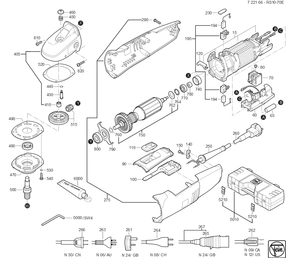  Diagram and Parts List for RS10-70E 72216609360 Fein Angle Grinder