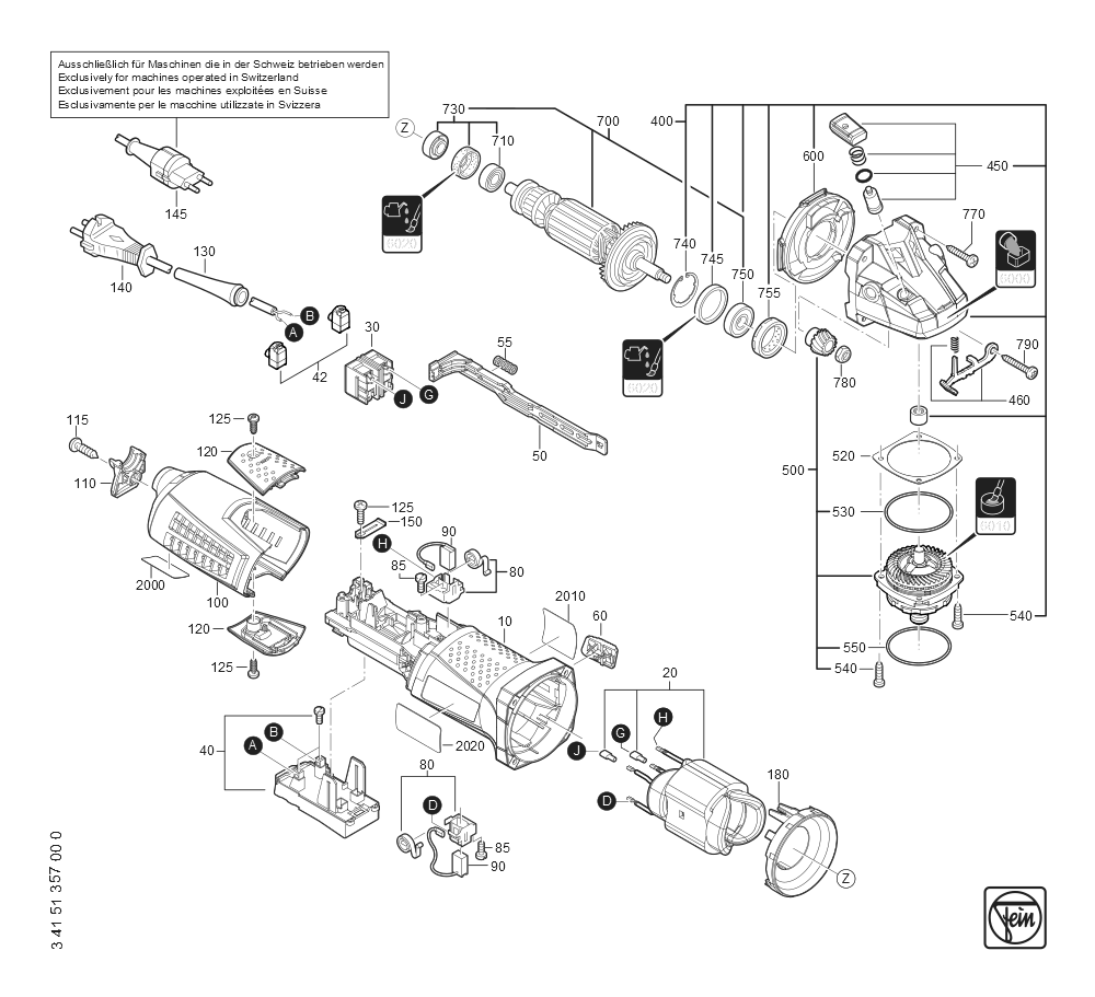  Diagram and Parts List for CG13-150 72228309360 Fein Angle Grinder