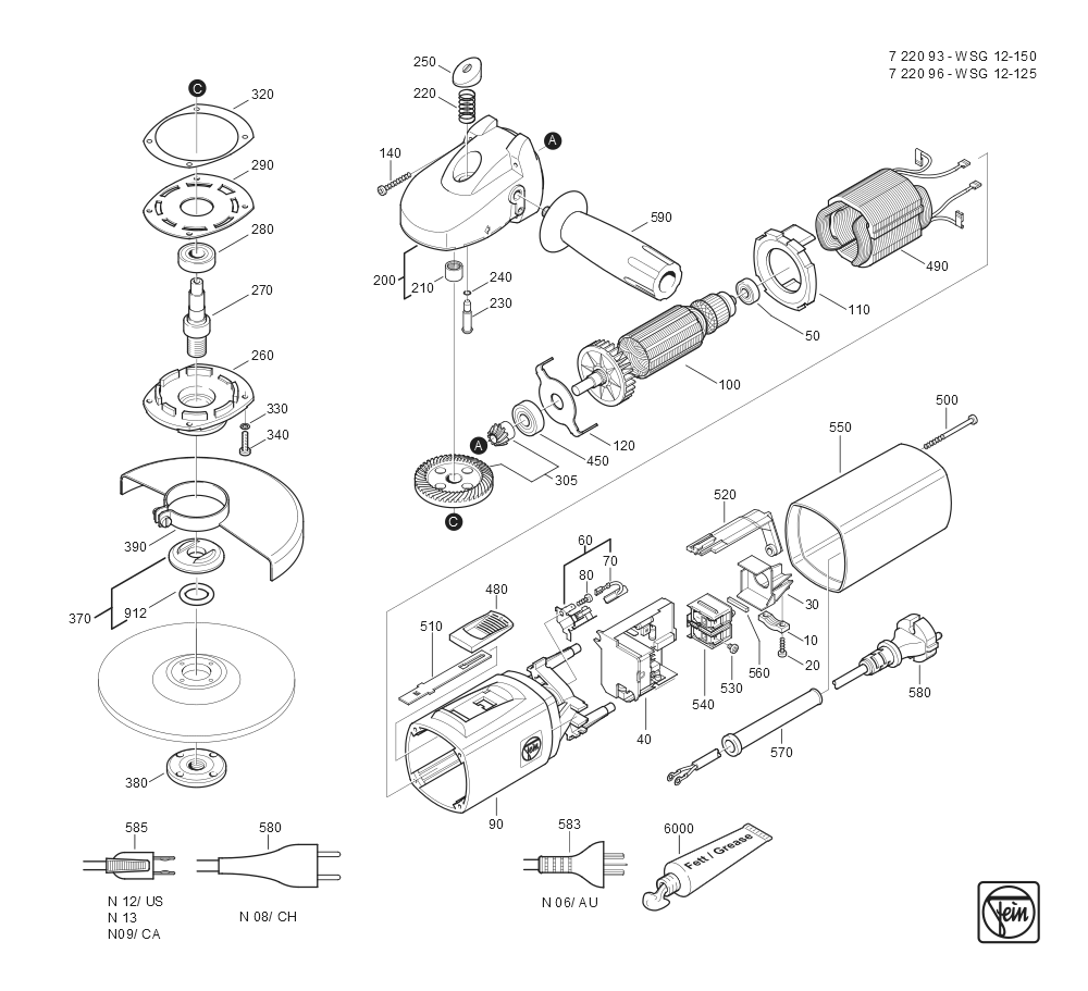 Diagram and Parts List for WSG12-125 72209600625 Fein Angle Grinder