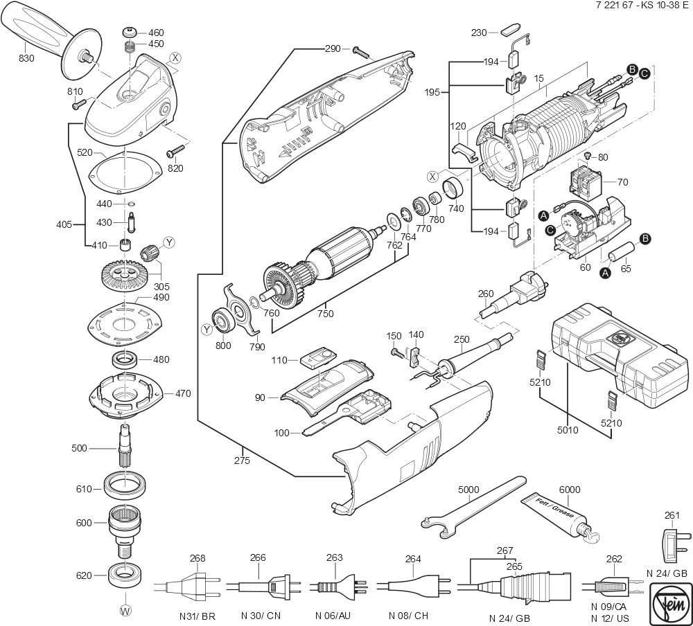 Diagram and Parts List for KS10-38E 72216700360 Fein Angle Grinder
