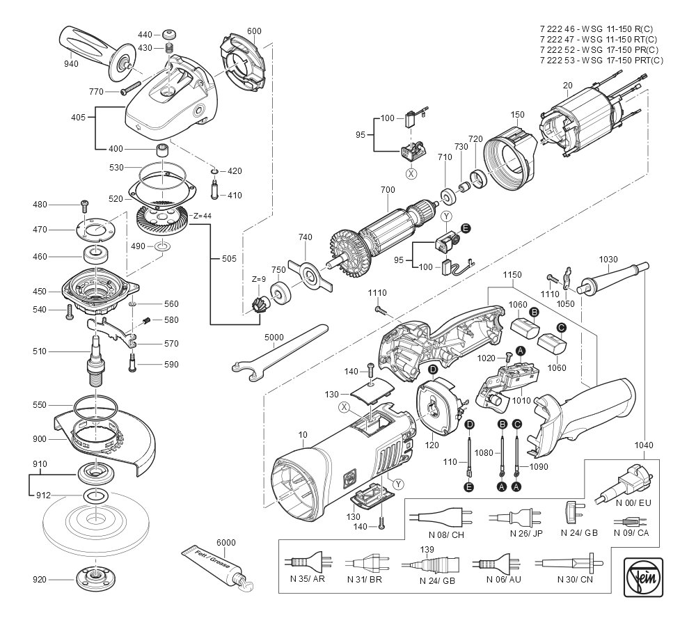  Diagram and Parts List for WSG11-150R 72224609360 Fein Angle Grinder